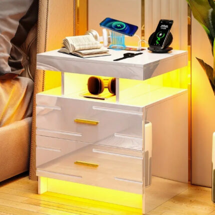 [Wireless Charging Night Stand] Smart Night Stand with Wireless Charging - 24 Colour Lights, 2 Drawers Bed Table