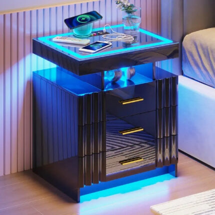 [Smart Nightstand] RGB LED Night Stand - Wireless Charging Station, Modern Bedside Table with Human Body Sensor Light and Glass Panel