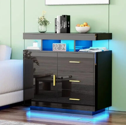 [Modern White Sideboard] Modern White 31.5" Sideboard Buffet Cabinet - High Gloss Wood Accent with LED Lights & Wireless Charging Station, Dimmable 5-Color Ambiance & Ample Storage
